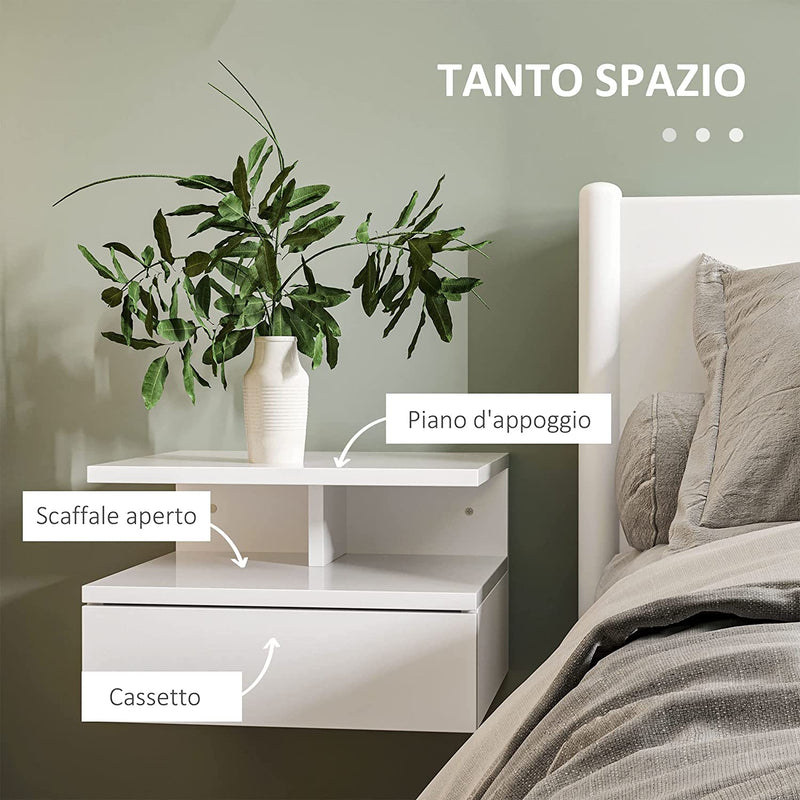 Set Da 2 Comodini Moderni Sospesi per Camera Da Letto Con Cassetto E Mensola Superiore in Legno 35X32X22.5Cm, Bianco Lucido