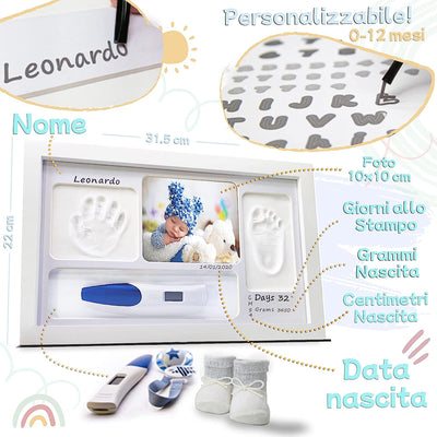 Cornice Impronte Neonato 7In1 Con Nome E Porta Bracciali. Kit Impronta Mani E Piedi Personalizzabile. Idea Regalo Bimba, Lista Nascita Bebè, Battesimo