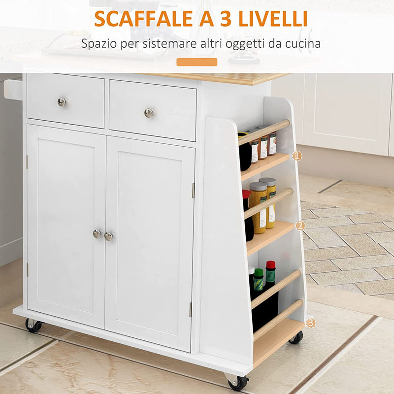 Carrello Da Cucina Portaspezie a 3 Livelli Con 4 Ruote Girevoli, Carrello Portavivande Con Armadietto in Legno, 89X45X89.5Cm, Bianco