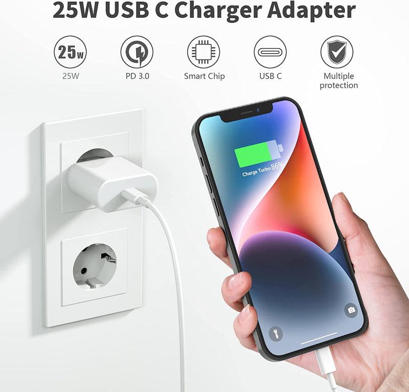 Iphone Caricatore USB C, 25W USBC Rapido Presa per Iphone 11/12/13/14/14 Pro/14 Pro Max/14 plus Mini SE XS XR X 8 7 6, Airpods, Spina Spinotto Adattatore Ricarica Carica Caricabatterie Alimentatore