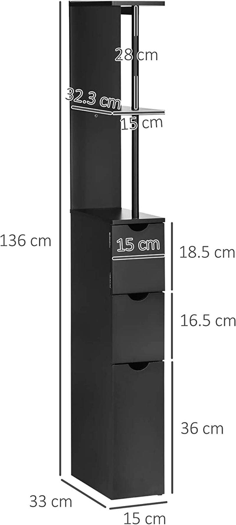 Mobiletto a Colonna Salvaspazio in Legno, Armadietto Da Bagno Con Ripiani, Armadietto E Cassetti, Nero, 15X33X136Cm