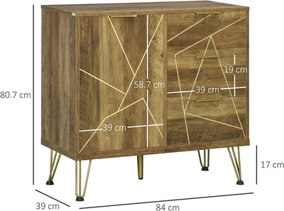 Mobile Multiuso Con Armadietto E 3 Cassetti, Mobiletto Da Salotto E Camera in Legno E Acciaio, 84X39X80.7Cm, Bronzo