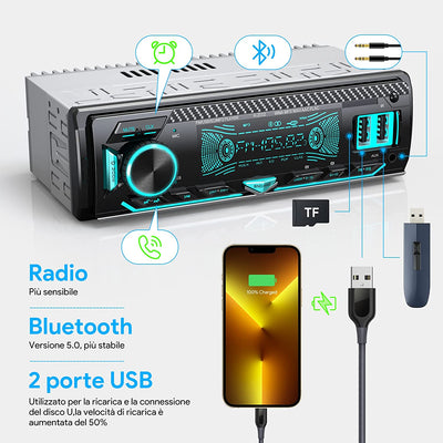 RDS Autoradio Bluetooth Vivavoce,  1 DIN Universale Auto Radio Stereo Con Volante Telecomando, 4 X 65W Autoradio Con Lettore MP3 E Due Porte USB, Supporta FM/AUX/TF/WMA/WAV, 7 Luci Colori