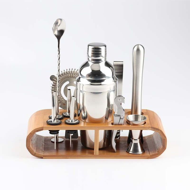 Stainless Steel Cocktail Shaker with Wooden Stand for Home Bar Party