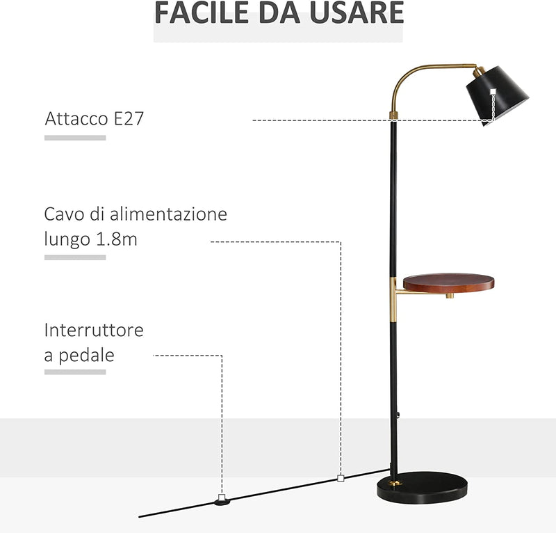 Lampada Da Terra Con Ripiano Da Ф29.5Cm, Lampada Da Pavimento per Salotto Compatibile Con Lampadine E27 Da 40W, Metallo Nero E Oro