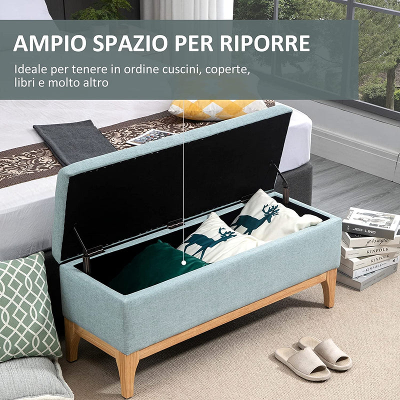 Panca Imbottita Contenitore in Tessuto Effetto Lino E Legno per Ingresso, Panca Fondo Letto Design Scandinavo, 110X39X45Acm, Azzurro