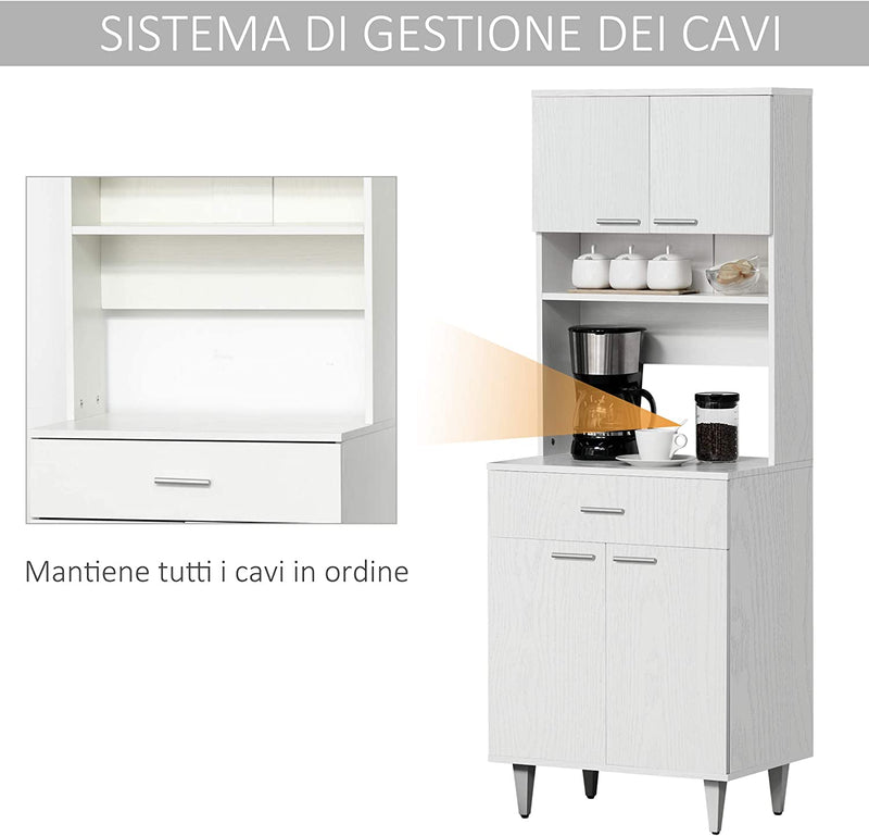 Credenza Alta Da Cucina, Madia Classica Bianca in Legno Con 2 Armadietti E 1 Mensola, Bianco, 60X40X160Cm