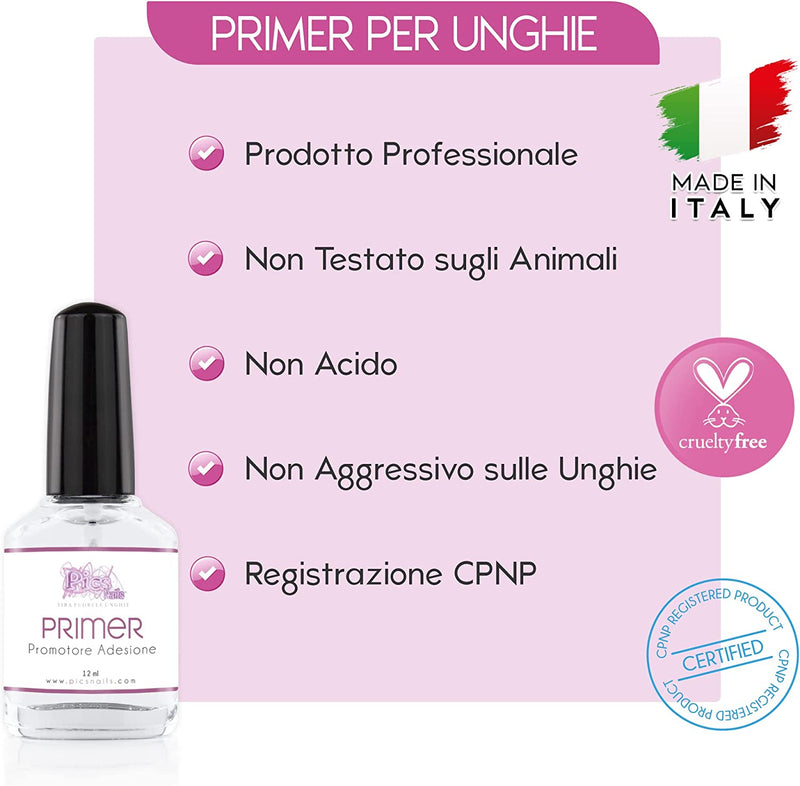 Primer Unghie Gel Professionale 12 Ml Di Alta Qualità - Promotore Adesione NON Acido per Gel Costruttori, Gel Color, Semipermanente, Acrygel, Acrilico, Smalti One Step