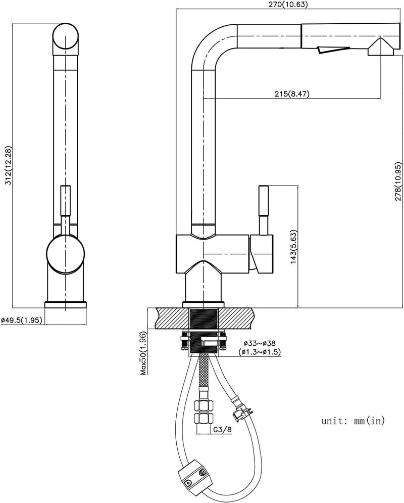 X207S Rubinetto Cucina Con Doccetta Estraibile, Miscelatore Cucina Con Doccia Estensibile, Rubinetti per Cucina Alto Con Bocca Flessibile, Girevole 360° Miscelatore Lavello Cucina, Acciaio Inox