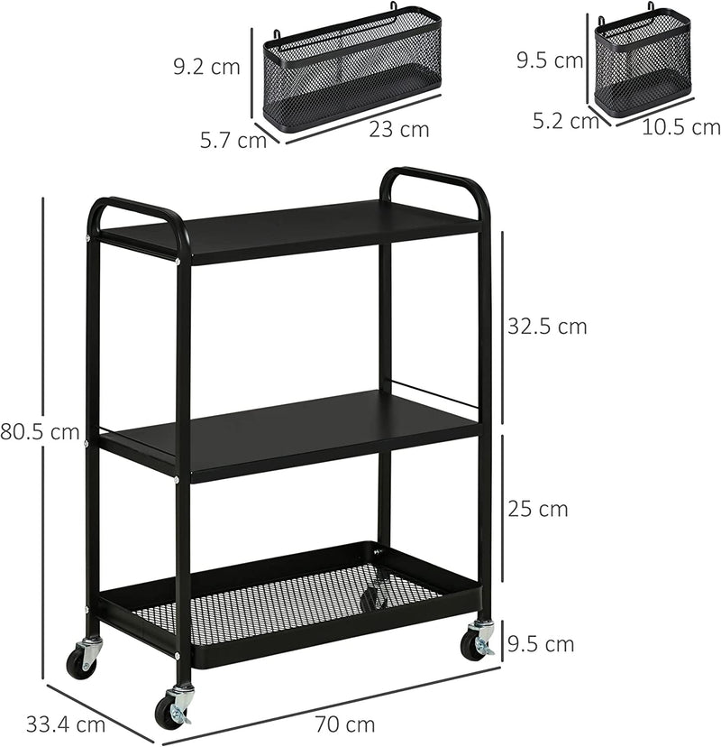 Carrello Portavivande a 3 Livelli Con Spazio Multiuso, Maniglie E 4 Ruote Girevoli, in Acciaio E Plastica PP, 70X33.4X80.5Cm, Nero