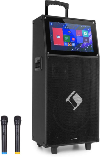 Pro KTV - Cassa Karaoke, Con 2 Microfoni UHF Senza Fili, Display Touch, Wifi, Bluetooth, 2X Porte USB, SD & Micro-Sd, HDMI, AUX, Batteria, Presa Trolley, Eco, Telecomando, 2 Prese Di Trasporto