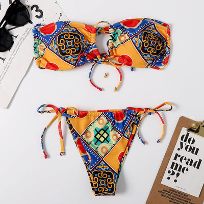 Printed Split Bikini Swimsuit Sexy Lace-Up Triangle Ladies Swimwear