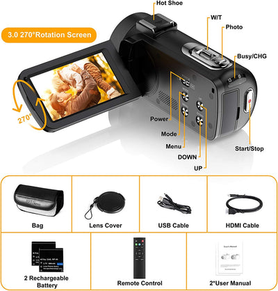 Videocamera Digitale FHD 1080P 36MP 30FPS Youtube Vlogging Registratore IR Night Vision 16X Zoom Digitale 3.0 Pollici Videoregistratore Screen Ruotabile 270 ° Con Telecomando E 2 Batterie