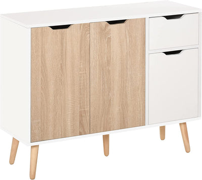 Mobiletto Multiuso Con Cassetto E Armadietti, Credenza Stile Nordico in Legno per Camera, Soggiorno, Studio, Bianco E Color Legno