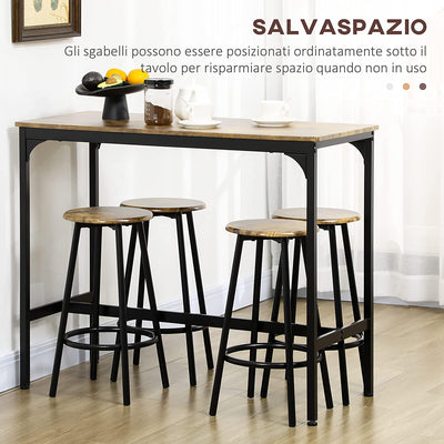 Set Da Bar 5 Pezzi Con Tavolo Alto E 4 Sgabelli, Bancone Bar Stile Industriale in Legno E Metallo, Marrone E Nero