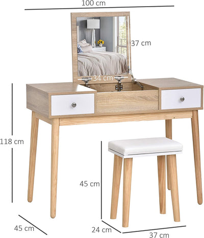 Tavolo Da Trucco Moderno Con Specchio Estraibile, Organizer Gioielli, 2 Cassetti E Sgabello, Color Legno