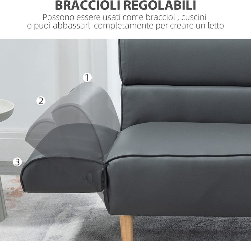 Divanetto 2 Posti Convertibile in Divano Letto Singolo Con Braccioli Regolabili, 164X71X75Cm, Grigio