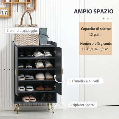 Scarpiera Slim Moderna a 4 Livelli Con 2 Ante E Ripiani Regolabili per Max 15 Scarpe, in Truciolato E Acciaio, 60X33X100 Cm, Grigio E Oro