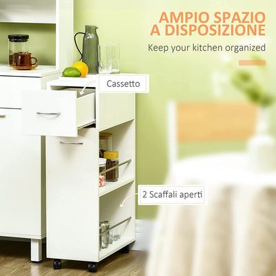 Carrello Da Cucina in Truciolato E Acciaio Inox Con 2 Ripiani Aperti, Cassetto Estraibile E Parapetti, 25X50X85 Cm, Bianco