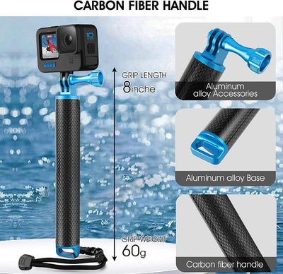 Impugnatura Galleggiante Impermeabile in Fibra Di Carbonio per Gopro Hero 11 10 9 8 7+ Insta360 DJI Osmo E Altre Azioni, Bastone Selfie Subacqueo Adatto per Surf, Snorkeling, Riprese Subacquee