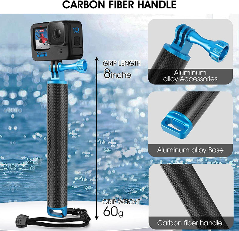 Impugnatura Galleggiante Impermeabile in Fibra Di Carbonio per Gopro Hero 11 10 9 8 7+ Insta360 DJI Osmo E Altre Azioni, Bastone Selfie Subacqueo Adatto per Surf, Snorkeling, Riprese Subacquee