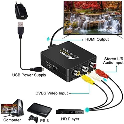 Adattatore Da RCA a HDMI, AV a HDMI, Convertitore AV a HDMI, Supporto 1080P per Pc/Xbox/Ps4/Ps3/Tv/Stb