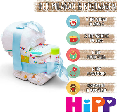 ® Passeggino Torta Di Pannolini Con Prodotti Hipp, Blu, Regalo per Nascita O Battesimo, Torta Di Pannolini Fatta a Mano, per Baby Shower, Made in Germany