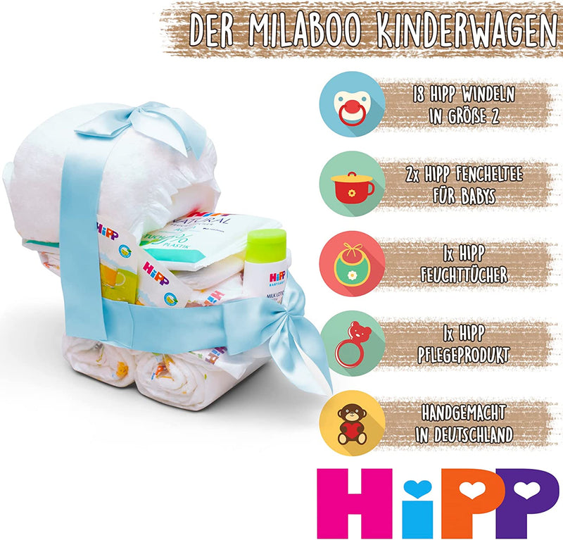 ® Passeggino Torta Di Pannolini Con Prodotti Hipp, Blu, Regalo per Nascita O Battesimo, Torta Di Pannolini Fatta a Mano, per Baby Shower, Made in Germany