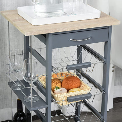 Carrello Da Cucina Salvaspazio in Grigio Scuro, Portavivande Con 1 Piano Di Lavoro 1 Cassetto E 4 Cestelli Metallici, 47X37X83Cm