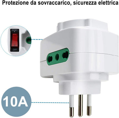 Adattatore Multipresa Tripla,Con Protezione Sovraccarico Ed Interruttore,Adattatori Da Schuko a Spina Piccola 10A,Spina Rotante,Bianco,Confezione Da 2