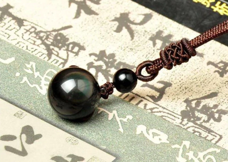 Natural Obsidian Rainbow Eye Transfer Good Luck Pearl Pendant Necklace Polyester Rope Chain Necklace Jewelry for Woman