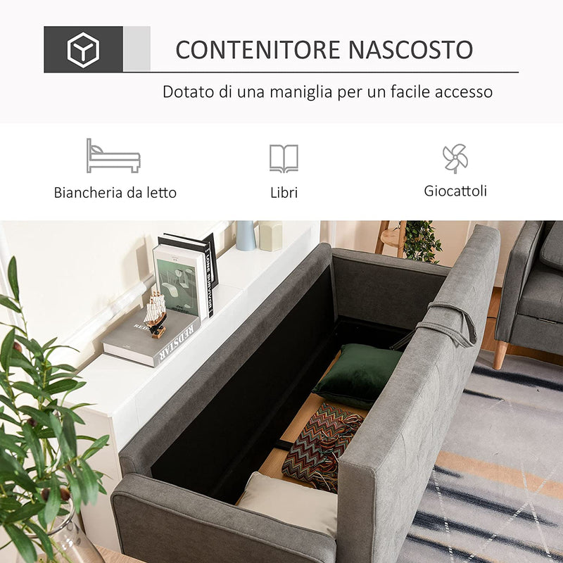 Divano 3 Posti Moderno in Tessuto Grigio Con Vano Contenitore E Design Scandinavo, Grigio, 166.5X62X82Cm