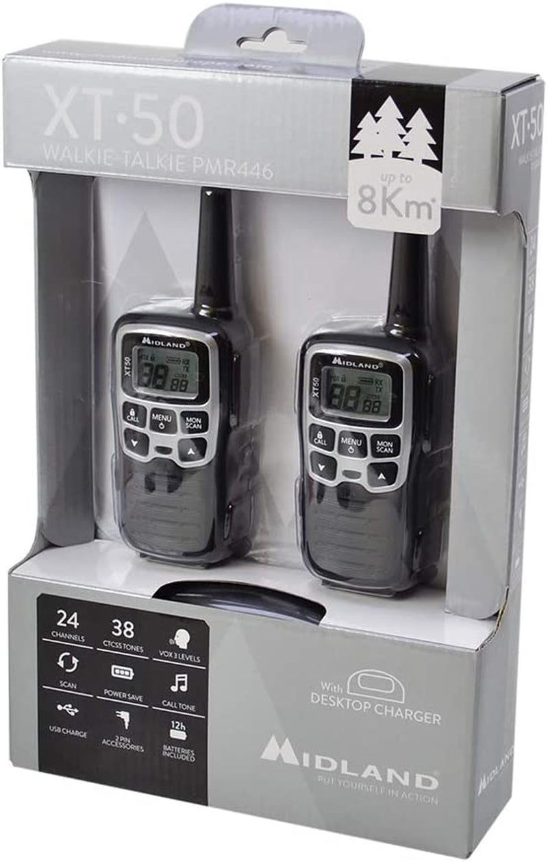 XT50, Radio Walkie Talkie a Ricarica Rapida, 24 Canali PMR446 Senza Licenza, 8 Km Di Portata, 38 Toni CTCSS, Ricaricabile Con USB, Nero/Bianco, Confezione Con 2 Unità