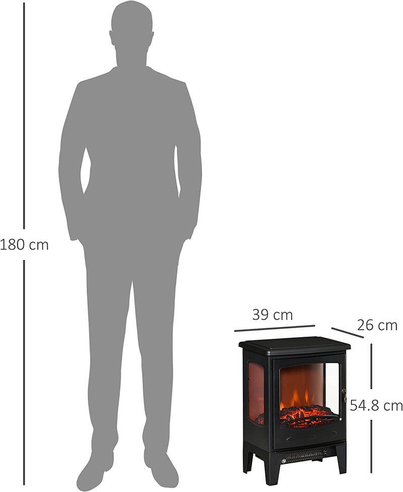 Camino Elettrico Effetto Fiamma E 3 Lati Aperti, Temperatura Regolabile 900W-1800W, Copertura 20-25M², 39X26X54.8Cm, Nero