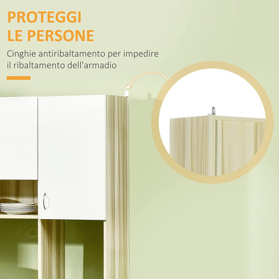 Mobile Buffet a 4 Porte per Cucina Con 3 Armadietti, Cassetto, Pensile E Piano D'Appoggio in Truciolato, 102X48X180Cm, Bianco E Color Legno