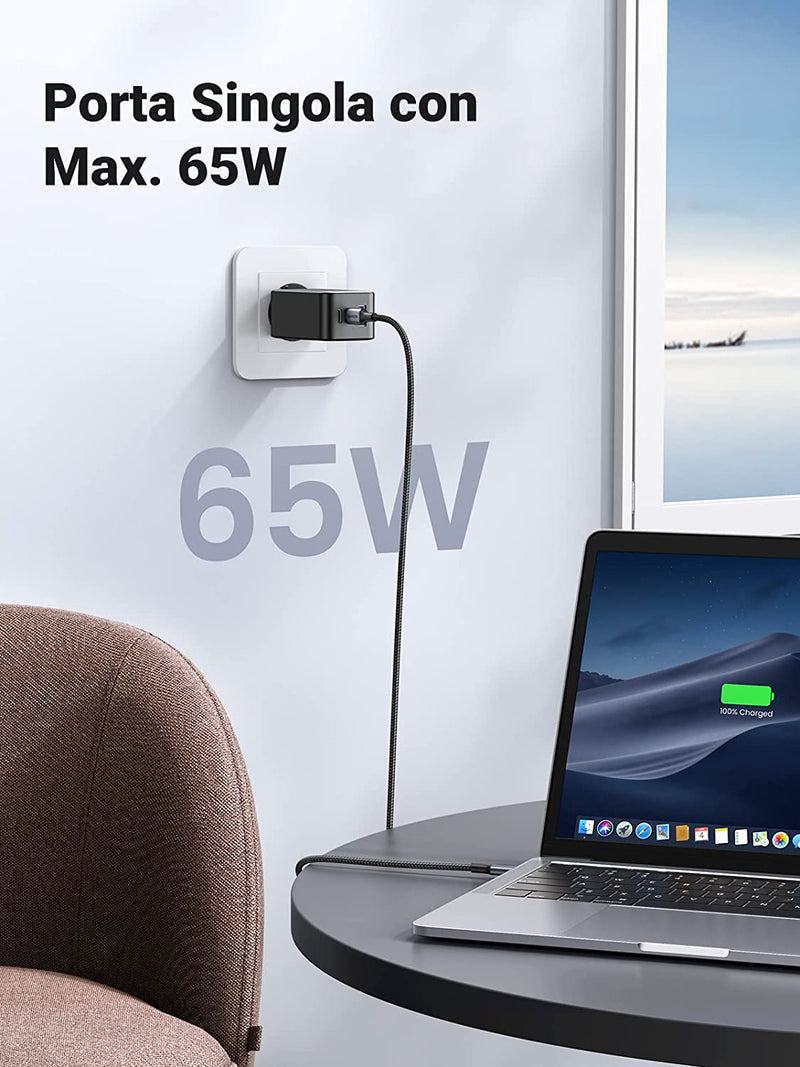 Nexode 65W Caricatore USB C Gan Tech, Caricabatterie USB, Alimentatore USB C Compatibile Con Macbook Air, Iphone 14/13, Ipad, Samsung Galaxy S23 Ultra/S23+/S22, Google Pixel 7 Pro, Steam Deck