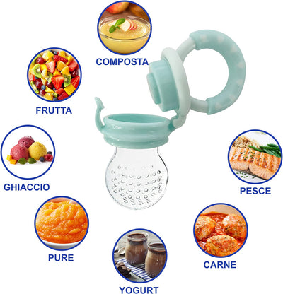 Ciuccio Frutta Neonati | 1 Ciuccio Frutta + 3 Taglie Di Tettarelle Silicone Senza BPA [3 a 24 Mesi] + Manuale D'Uso + Guida GRATUITA | Allevia Il Dolore Alle Gengive | Ciuccio per Frutta Neonati Blu