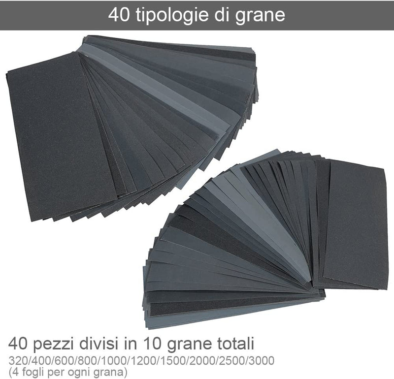 Kit Da 40 Pezzi Carta Abrasiva,Carta Vetrata in Grane 320,400, 600, 800,1000, 1200, 1500, 2000, 2500, 3000,Impermeabile Levigatura a Secco E Umido Sandpaper