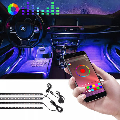 SMART APP BLUETOOTH 4 STRISCE 48 LED COLORI INTERNI AUTO RGB LUCI ADESIVE STRISCIA CON USB IMPERMEABILE MICROFONO