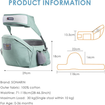 Hipseat Marsupio,Ergonomico Neonati Marsupio Supporto Del Sedile Portantina Bebè Seggiolino Puro Cotone Con Cintura Di Sicurezza & Tracolla Singola Multi Posizioni per Bambino(Verde)