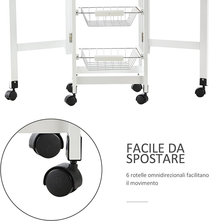 Carrello Da Cucina Con 3 Cestini, Cassetto E Ribalte, 6 Ruote Girevoli, in MDF E Metallo, 37X37X77.5Cm, Bianco E Legno