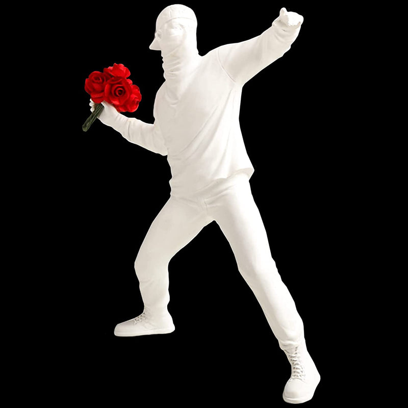 Soprammobili Moderni Design - Statuette Banksy - Ragazzo Lancio Di Fiori - Arredo Casa Oggetti - Scultura in Resina Creativa Retro Figura Ornamento per Soggiorno Ufficio, Bianco