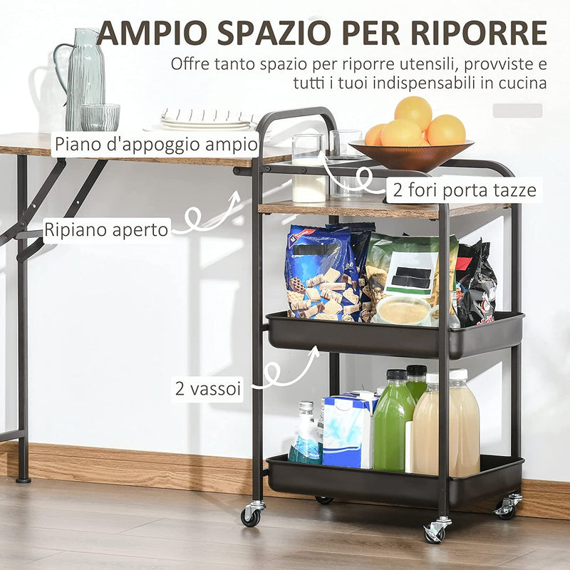 Carrello Da Cucina Stile Industriale 3 Mensole E Ripiano Pieghevole, Porta Tazze E 4 Ruote, 118X36.5X82Cm, Marrone