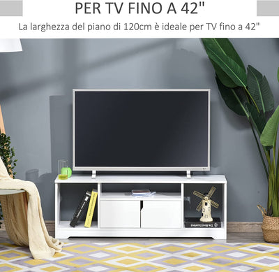 Mobile Porta TV Fino a 42'' Con Armadietto E Ripiani Aperti, Mobiletto per Salotto E Soggiorno in Legno, 120X30X41Cm, Bianco