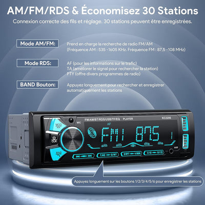 RDS Autoradio Bluetooth Con Estraibile Frontalino,  1 DIN Stereo Auto Bluetooth Con Telecomando, 4X65W Autoradio Con Lettore MP3 E Due Porte USB, Supporta Am/Fm/Aux/Sd/Ios/Android（Multicolore）