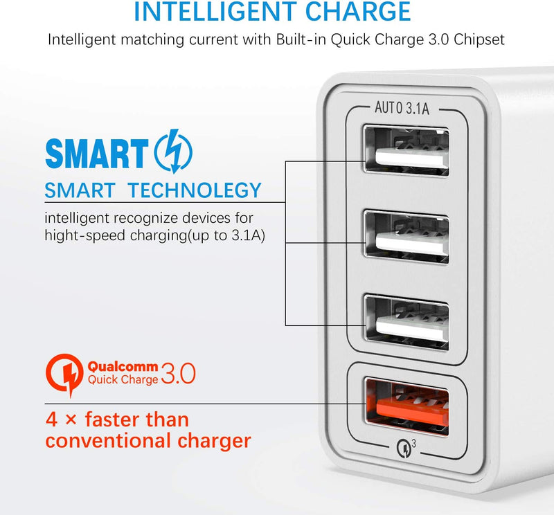 Caricatore USB Da Muro Multiplo Carica Rapida,Quick Charger 3.0 30W/6A 4 Porte Caricabatterie Alimentatore Presa USB Da Parete per Iphone 12/11/Xs/X,Samsung Galaxy S21/S20/Note,Xiaomi,Huawei