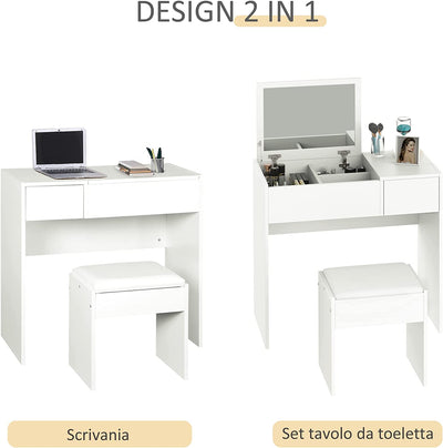 Mobile Da Trucco Con Specchio a Scomparsa E Sgabello, Tavolo Consolle Con Cassetto, 80X40X79 Cm, Bianco