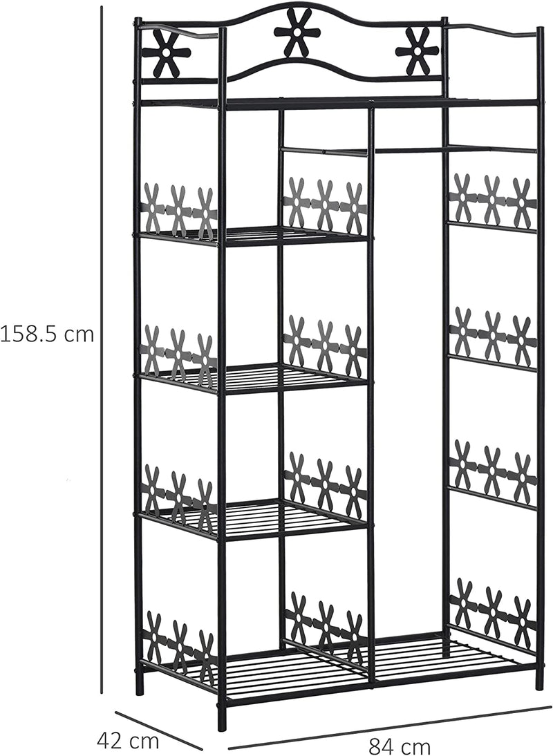 Armadio Guardaroba Appendiabiti Con 5 Ripiani E 2 Tende, 84 X 42 X 158.5Cm, in Metallo Nero Con Decori a Fiori