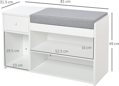 Panca Scarpiera Con Cuscino, Cassetto E 3 Vani Aperti, Mobile per Ingresso in Legno 81X31.5X49Cm, Bianco