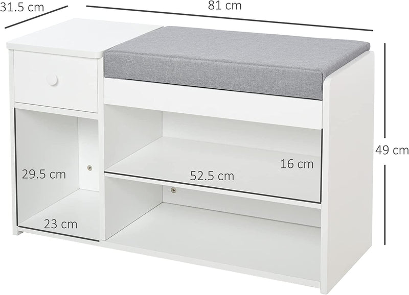 Panca Scarpiera Con Cuscino, Cassetto E 3 Vani Aperti, Mobile per Ingresso in Legno 81X31.5X49Cm, Bianco